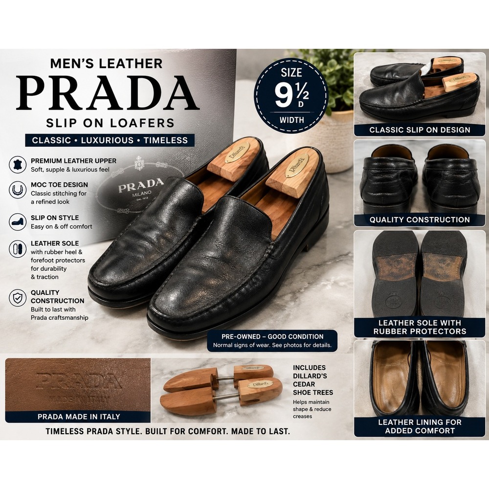 Prada Mens Black Leather Slip On Loafers Moc Toe Made in Italy Size 9.5 D
